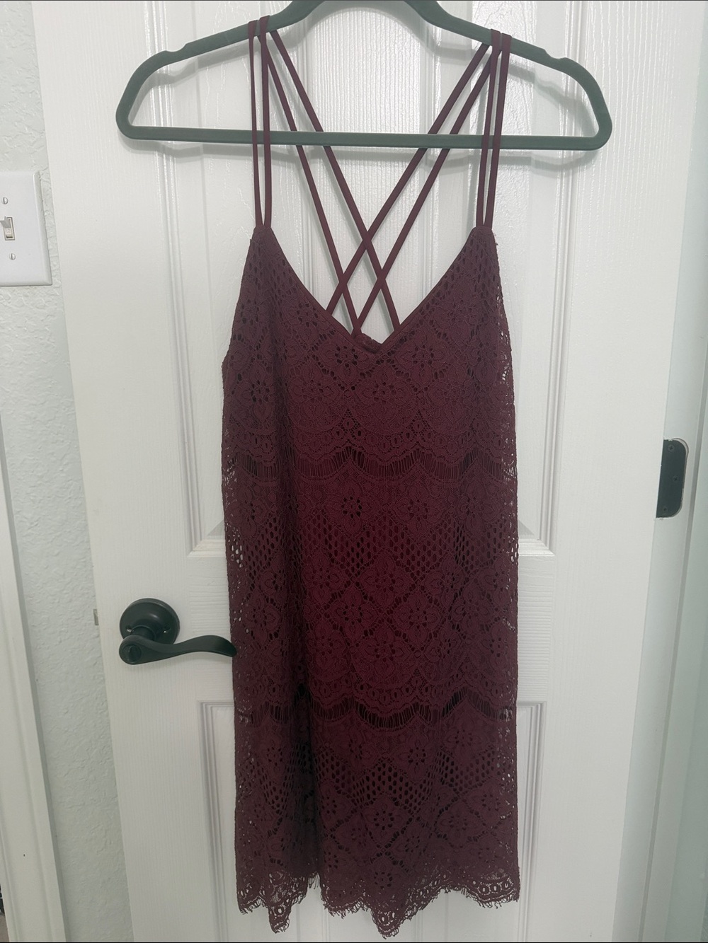 Lace Strappy Shift Dress in Burgundy